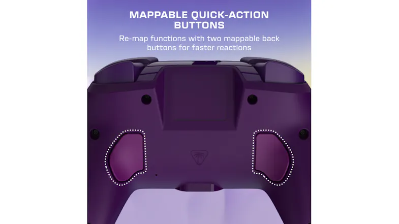 Rear-view infographic of a purple controller highlighting two mappable back buttons with white dotted borders Rear-view infographic of a purple controller highlighting two mappable back buttons with white dotted borders