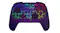 Purple controller featuring a multicoloured neon gradient glyph pattern and an asymmetrical button layout Purple controller featuring a multicoloured neon gradient glyph pattern and an asymmetrical button layout