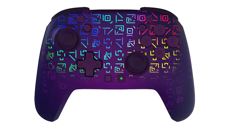 Purple controller featuring a multicoloured neon gradient glyph pattern and an asymmetrical button layout Purple controller featuring a multicoloured neon gradient glyph pattern and an asymmetrical button layout