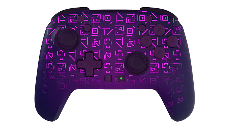 Purple wireless controller featuring pink geometric patterns, a standard button layout, and dual joysticks Purple wireless controller featuring pink geometric patterns, a standard button layout, and dual joysticks