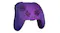 Angled front view of a purple wireless gaming controller with dual analog sticks and a geometric pattern design Angled front view of a purple wireless gaming controller with dual analog sticks and a geometric pattern design