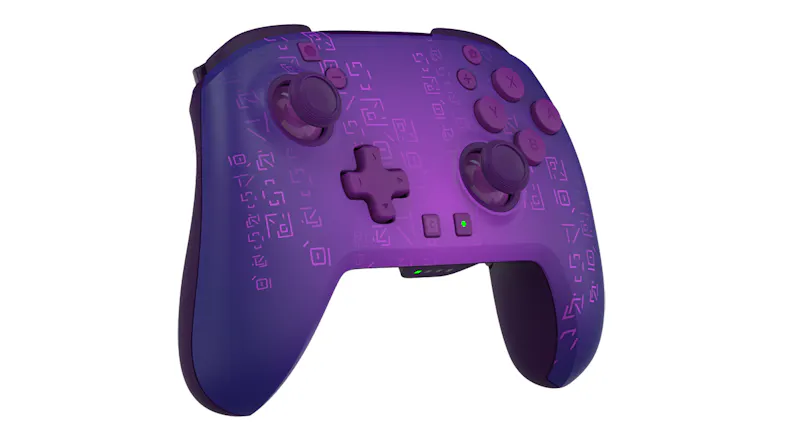 Angled front view of a purple wireless gaming controller with dual analog sticks and a geometric pattern design Angled front view of a purple wireless gaming controller with dual analog sticks and a geometric pattern design