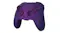Front-left angled view of a purple gaming controller with textured thumbsticks and an illuminated status indicator Front-left angled view of a purple gaming controller with textured thumbsticks and an illuminated status indicator