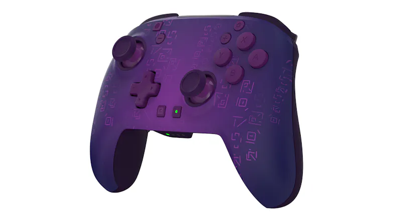 Front-left angled view of a purple gaming controller with textured thumbsticks and an illuminated status indicator Front-left angled view of a purple gaming controller with textured thumbsticks and an illuminated status indicator