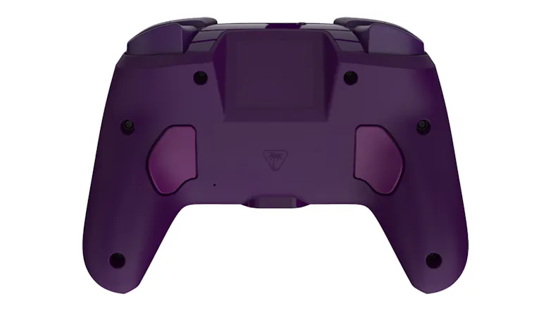 Rear view of a purple wireless gaming controller with ergonomic grips, shoulder buttons, and back paddles Rear view of a purple wireless gaming controller with ergonomic grips, shoulder buttons, and back paddles