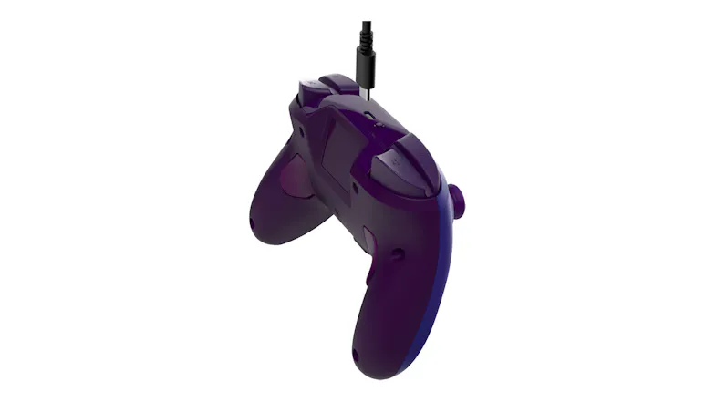 Top rear angled view of a purple wired controller with a detachable USB cable, showcasing the bumpers and triggers Top rear angled view of a purple wired controller with a detachable USB cable, showcasing the bumpers and triggers