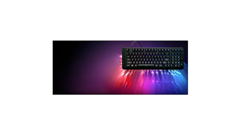 Front angled view of a black HyperX full-size gaming keyboard with RGB lighting effects against a dark gradient background Front angled view of a black HyperX full-size gaming keyboard with RGB lighting effects against a dark gradient background