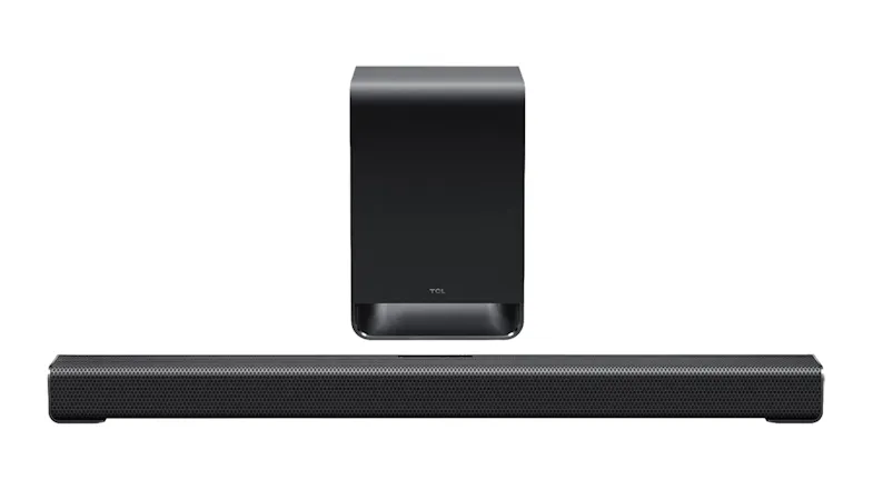 Front view of a black TCL 3.1 Channel Soundbar and Wireless Subwoofer with Dolby Atmos and a metal mesh speaker grille Front view of a black TCL 3.1 Channel Soundbar and Wireless Subwoofer with Dolby Atmos and a metal mesh speaker grille