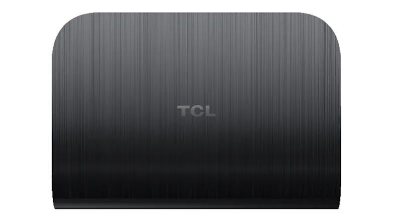Front view of a black TCL streaming device with rounded corners and a vertical textured finish Front view of a black TCL streaming device with rounded corners and a vertical textured finish