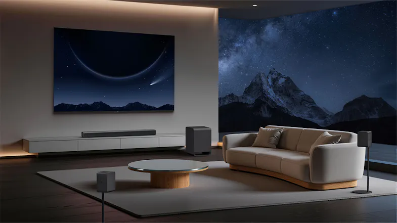 Wide-angle view of a TCL home theatre system with a wall-mounted TV, soundbar, wireless speakers, and subwoofer Wide-angle view of a TCL home theatre system with a wall-mounted TV, soundbar, wireless speakers, and subwoofer
