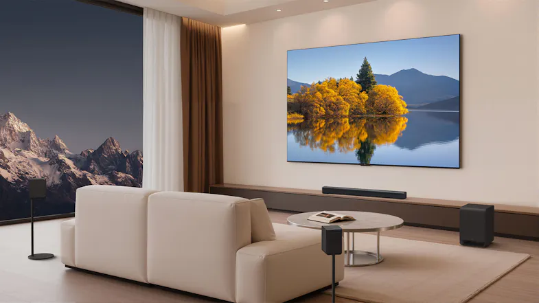 Rear-angle view of a TCL home theatre setup with a wall-mounted TV, soundbar, wireless speakers, and subwoofer Rear-angle view of a TCL home theatre setup with a wall-mounted TV, soundbar, wireless speakers, and subwoofer