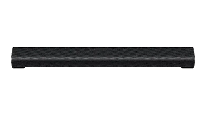 Front view of a black TCL soundbar with a perforated metal grille and a slim, rectangular low-profile design Front view of a black TCL soundbar with a perforated metal grille and a slim, rectangular low-profile design