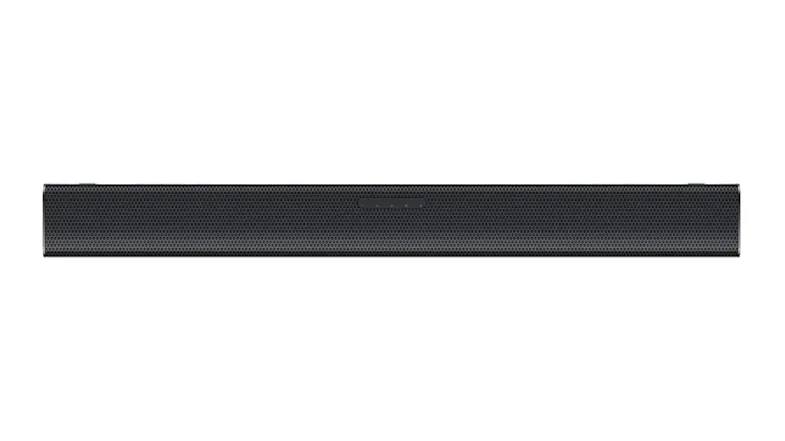 Front view of a black TCL soundbar with a perforated metal grille and a centred control panel on a slim design Front view of a black TCL soundbar with a perforated metal grille and a centred control panel on a slim design