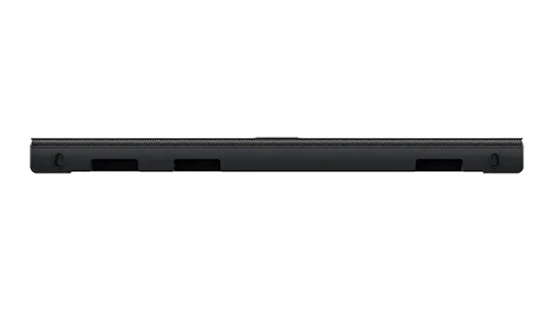 Rear view of a black TCL soundbar with wall-mount slots, rubber feet, and a slim rectangular housing Rear view of a black TCL soundbar with wall-mount slots, rubber feet, and a slim rectangular housing