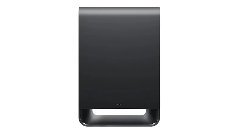 Front view of a black TCL wireless subwoofer with an open-bottom port design and a rounded rectangular cabinet Front view of a black TCL wireless subwoofer with an open-bottom port design and a rounded rectangular cabinet
