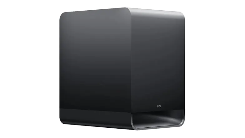 Angled view of a black TCL wireless subwoofer with rounded corners and an open-bottom port enclosure design Angled view of a black TCL wireless subwoofer with rounded corners and an open-bottom port enclosure design