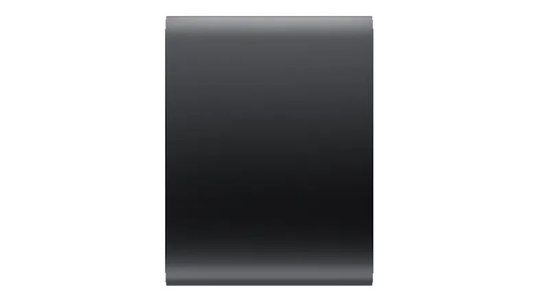 Top view of a black TCL wireless subwoofer with a smooth matte finish and a rounded rectangular cabinet Top view of a black TCL wireless subwoofer with a smooth matte finish and a rounded rectangular cabinet