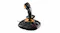 Angled front view of a black Thrustmaster T.16000M Flight Control Stick with orange accents, an integrated throttle slider, and base controls Angled front view of a black Thrustmaster T.16000M Flight Control Stick with orange accents, an integrated throttle slider, and base controls