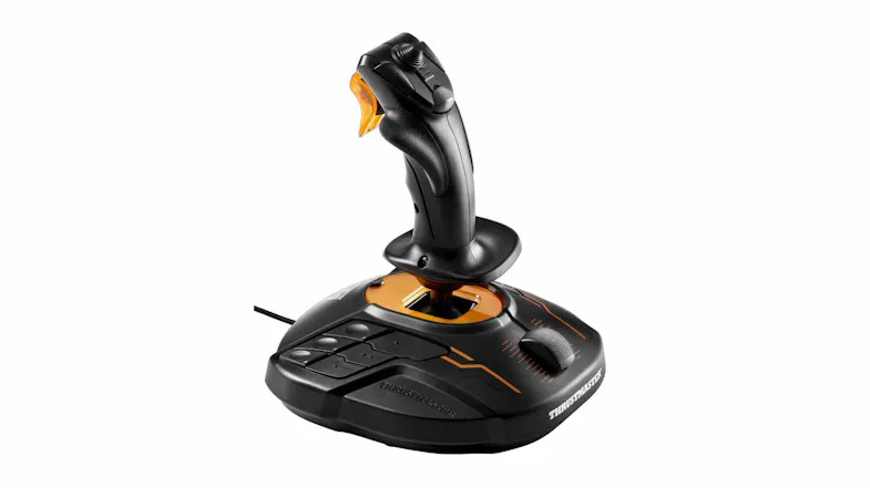 Angled front view of a black Thrustmaster T.16000M Flight Control Stick with orange accents, an integrated throttle slider, and base controls Angled front view of a black Thrustmaster T.16000M Flight Control Stick with orange accents, an integrated throttle slider, and base controls