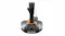 Front view of a black Thrustmaster flight joystick with orange accents, programmable buttons, and a throttle-slider base Front view of a black Thrustmaster flight joystick with orange accents, programmable buttons, and a throttle-slider base