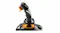 Side-angled view of a black Thrustmaster joystick with an orange trigger, textured grip, and throttle-slider base Side-angled view of a black Thrustmaster joystick with an orange trigger, textured grip, and throttle-slider base