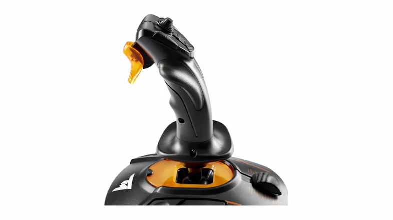 Side-angled view of a black Thrustmaster joystick with an orange trigger, textured grip, and throttle-slider base Side-angled view of a black Thrustmaster joystick with an orange trigger, textured grip, and throttle-slider base