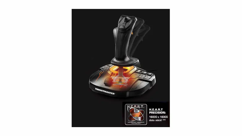 Angled view of a black Thrustmaster flight joystick showcasing H.E.A.R.T. precision technology, orange accents, and a control base Angled view of a black Thrustmaster flight joystick showcasing H.E.A.R.T. precision technology, orange accents, and a control base