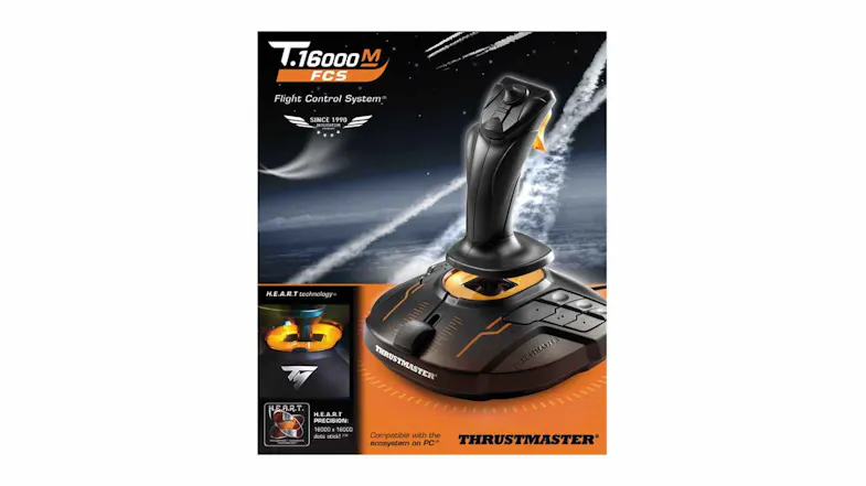 Front view of the Thrustmaster T.16000M FCS flight joystick retail box featuring a black joystick and orange-accented base Front view of the Thrustmaster T.16000M FCS flight joystick retail box featuring a black joystick and orange-accented base