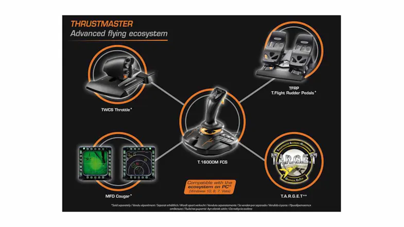 Thrustmaster advanced flying ecosystem diagram featuring the T.16000M FCS joystick, rudder pedals, throttle, and MFD displays Thrustmaster advanced flying ecosystem diagram featuring the T.16000M FCS joystick, rudder pedals, throttle, and MFD displays