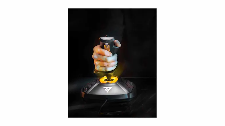 Front view of a black Thrustmaster T.16000M FCS joystick with an illuminated amber base and integrated control buttons Front view of a black Thrustmaster T.16000M FCS joystick with an illuminated amber base and integrated control buttons