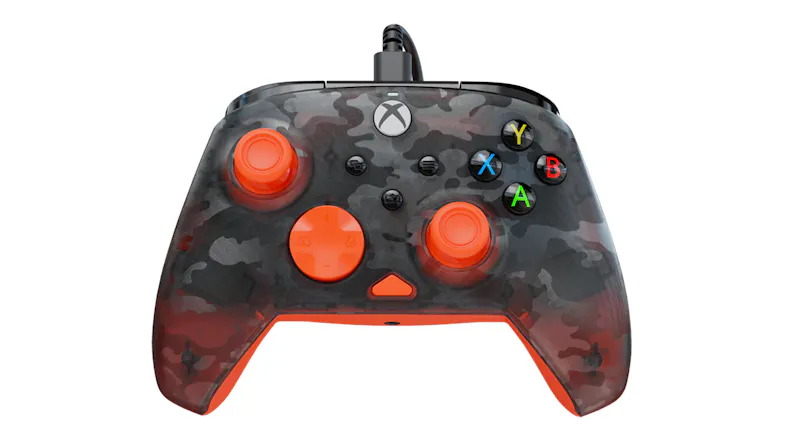 Front view of the Turtle Beach Rematch Core Wired Controller for Xbox/Windows featuring a dark camouflage pattern with bright orange analog sticks and a matching D-pad Front view of the Turtle Beach Rematch Core Wired Controller for Xbox/Windows featuring a dark camouflage pattern with bright orange analog sticks and a matching D-pad