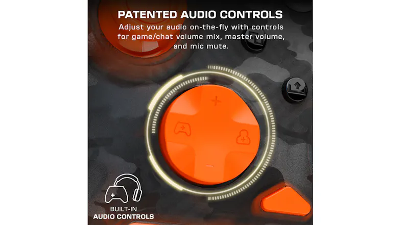 Close-up infographic highlighting an orange D-pad on a camouflage controller, showcasing its built-in patented audio controls Close-up infographic highlighting an orange D-pad on a camouflage controller, showcasing its built-in patented audio controls