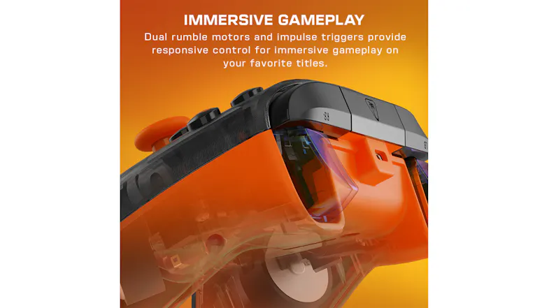 Infographic showing a semi-transparent view of an orange controller, detailing its dual rumble motors and impulse triggers Infographic showing a semi-transparent view of an orange controller, detailing its dual rumble motors and impulse triggers