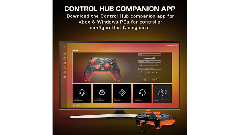 Infographic displaying the Control Hub companion app on a monitor beside a Turtle Beach gaming controller Infographic displaying the Control Hub companion app on a monitor beside a Turtle Beach gaming controller