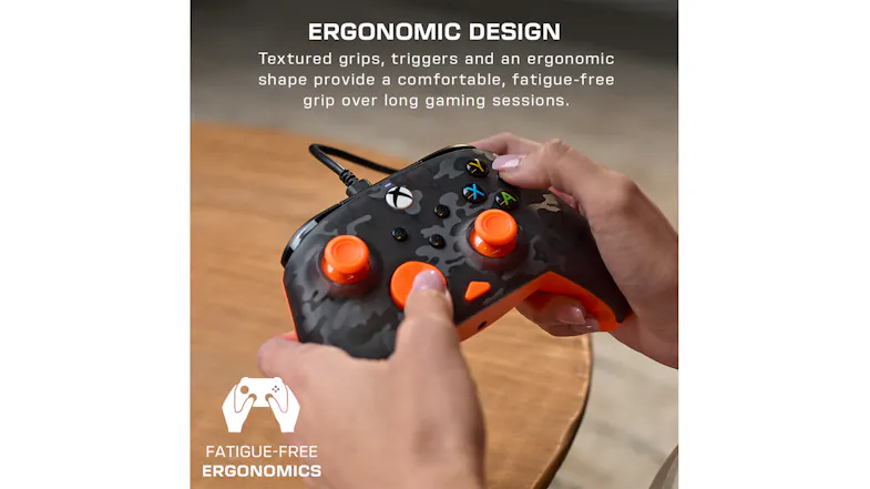 Infographic showing hands holding a camouflage Turtle Beach Xbox controller above a wooden table, highlighting its ergonomic design Infographic showing hands holding a camouflage Turtle Beach Xbox controller above a wooden table, highlighting its ergonomic design