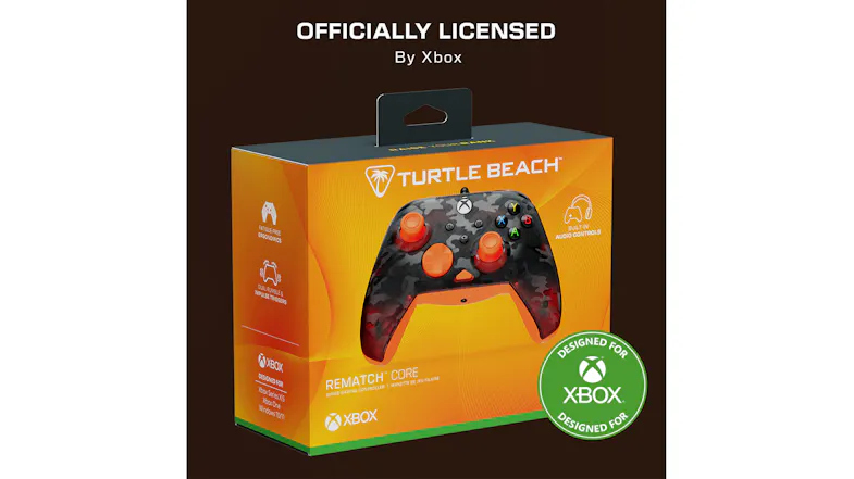 Infographic featuring a Turtle Beach Rematch Core controller box with a green "Officially Licensed for Xbox" badge Infographic featuring a Turtle Beach Rematch Core controller box with a green "Officially Licensed for Xbox" badge