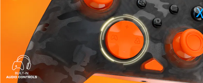 Close-up banner image of an orange D-pad on a camouflage gaming controller, highlighting its built-in audio controls Close-up banner image of an orange D-pad on a camouflage gaming controller, highlighting its built-in audio controls