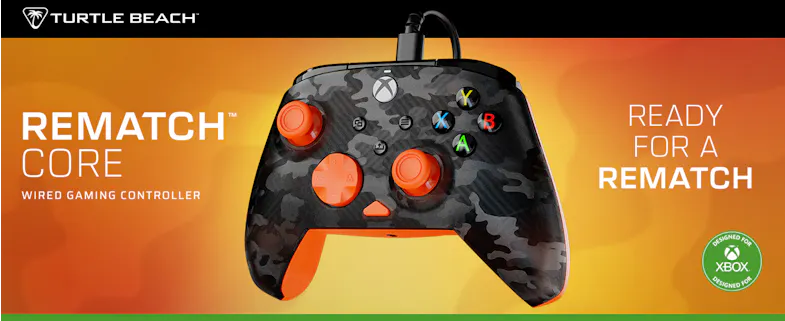 Turtle Beach Rematch Core banner featuring a camouflage wired Xbox controller on an orange and green background Turtle Beach Rematch Core banner featuring a camouflage wired Xbox controller on an orange and green background