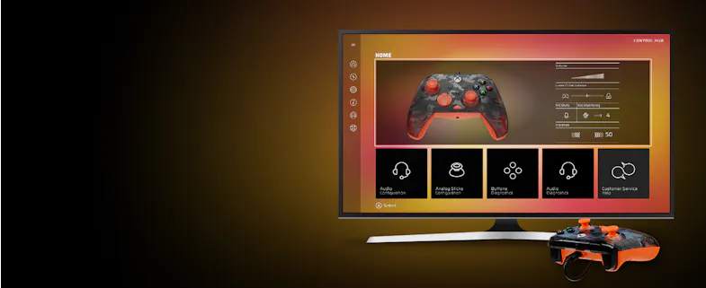 An Xbox-compatible Turtle Beach Rematch wired controller positioned in front of a monitor displaying the Control Hub customisation software An Xbox-compatible Turtle Beach Rematch wired controller positioned in front of a monitor displaying the Control Hub customisation software
