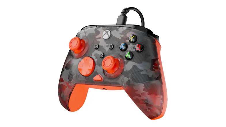 Wired Xbox gaming controller showcasing an orange and grey camouflage faceplate, bright orange accents, and a black cable Wired Xbox gaming controller showcasing an orange and grey camouflage faceplate, bright orange accents, and a black cable