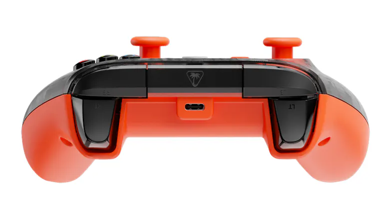 Top view of an orange and black Turtle Beach gaming controller showing the USB-C port, triggers, and bumpers Top view of an orange and black Turtle Beach gaming controller showing the USB-C port, triggers, and bumpers