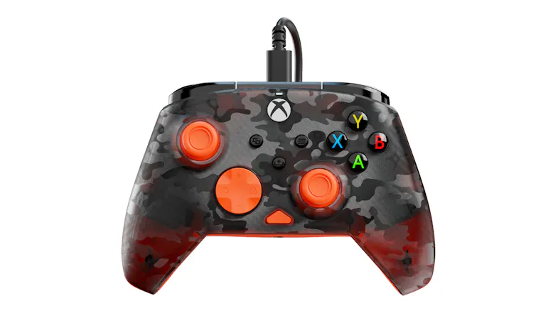 Front view of a Turtle Beach wired Xbox controller featuring a red, black, and grey camouflage pattern with bright orange thumbsticks Front view of a Turtle Beach wired Xbox controller featuring a red, black, and grey camouflage pattern with bright orange thumbsticks