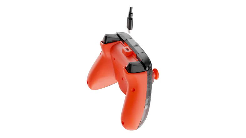 Angled rear view of an orange Turtle Beach wired controller showing black triggers and a detached USB-C cable Angled rear view of an orange Turtle Beach wired controller showing black triggers and a detached USB-C cable