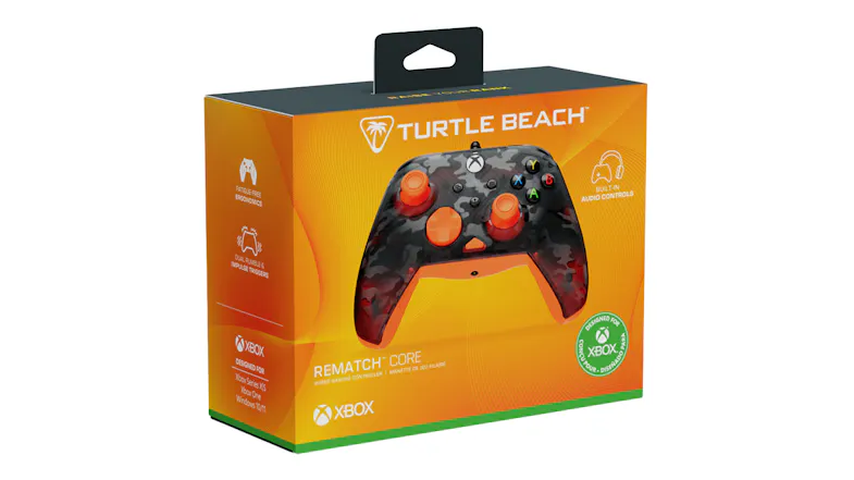 Orange and yellow Turtle Beach Rematch Core wired Xbox controller retail packaging, shown from an angled perspective Orange and yellow Turtle Beach Rematch Core wired Xbox controller retail packaging, shown from an angled perspective