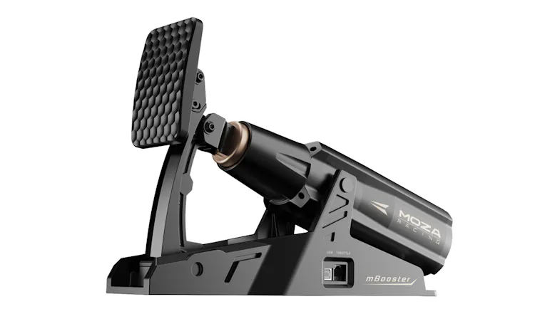 Black MOZA Racing mBooster active pedal shown from a front-side angle with textured pedal face and cylindrical actuator Black MOZA Racing mBooster active pedal shown from a front-side angle with textured pedal face and cylindrical actuator
