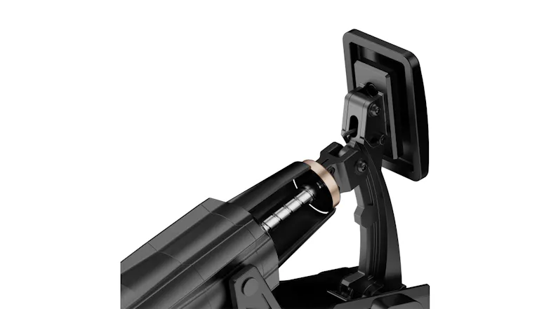 Rear view of the black MOZA Racing mBooster pedal showing its rectangular pedal plate and mounting structure Rear view of the black MOZA Racing mBooster pedal showing its rectangular pedal plate and mounting structure