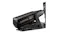 Side view of the black MOZA Racing mBooster pedal with cylindrical actuator and MOZA Racing branding Side view of the black MOZA Racing mBooster pedal with cylindrical actuator and MOZA Racing branding