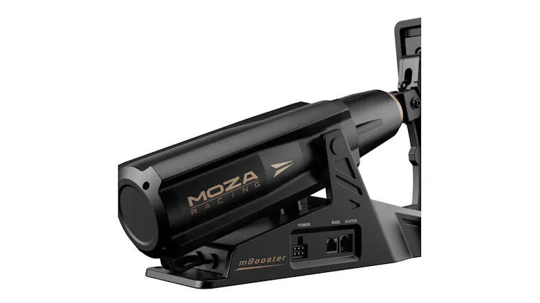 Side view of the black MOZA Racing mBooster pedal with cylindrical actuator and MOZA Racing branding Side view of the black MOZA Racing mBooster pedal with cylindrical actuator and MOZA Racing branding