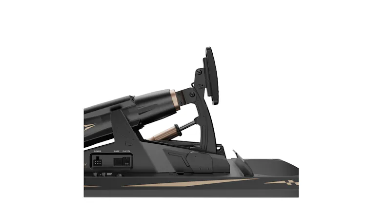 Profile view of the black MOZA Racing mBooster pedal mounted on a base plate with visible actuator and pedal arm Profile view of the black MOZA Racing mBooster pedal mounted on a base plate with visible actuator and pedal arm