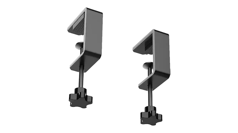 Black L-shaped table clamp brackets with textured underside pads and tightening screws Black L-shaped table clamp brackets with textured underside pads and tightening screws